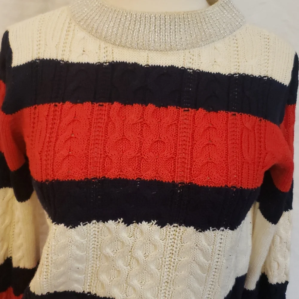BLUE RED CREAM STRIPED COLOR BLOCKED SWEATER SILVER SPARKLE ACCENT CABLE KNIT
